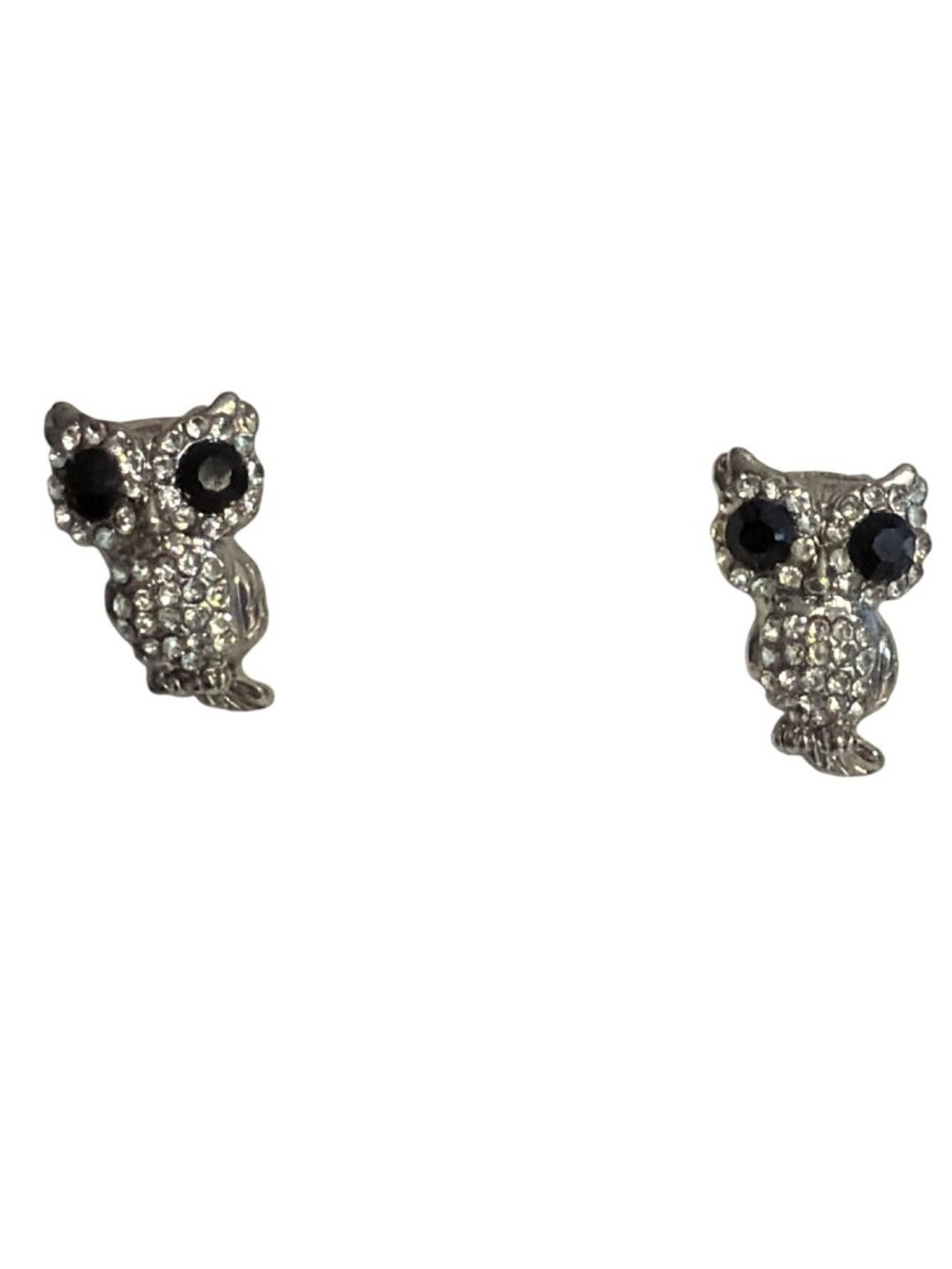 Sparkling Owl Stud Earrings Silver Tone Clear Black Rhinestones .75" 6.62g Bird